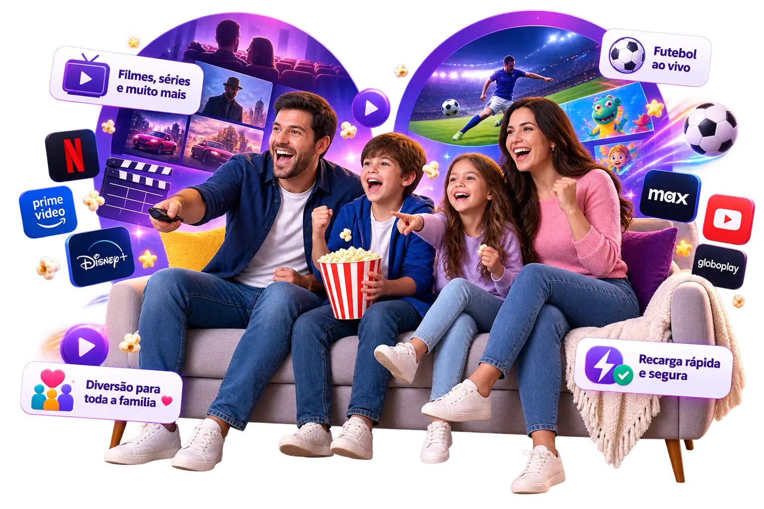 Família aproveitando filmes, séries, futebol ao vivo e entretenimento na TV+ Express