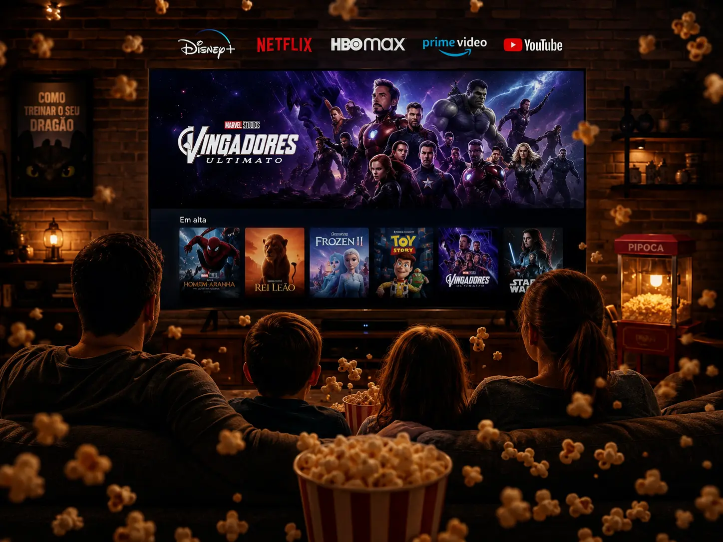 Família reunida em casa assistindo a filmes e séries na televisão com pipocas